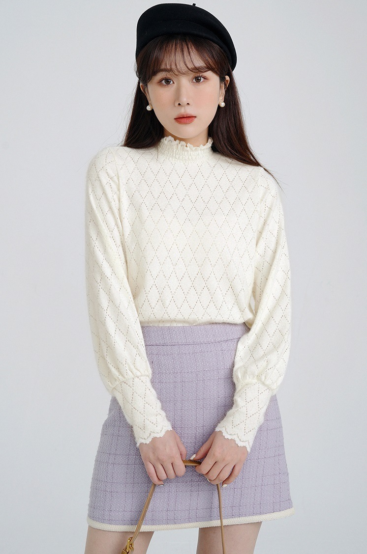 ロンバス 長袖Tシャツ レディース 春 秋 スタイル 甘くて絶妙なレーストップ ハーフ ハイカラー カットソー 白トップス 薄手 大人可愛い ラブリー キュート 二次会 OL 学生 デート お出かけ 6,800円