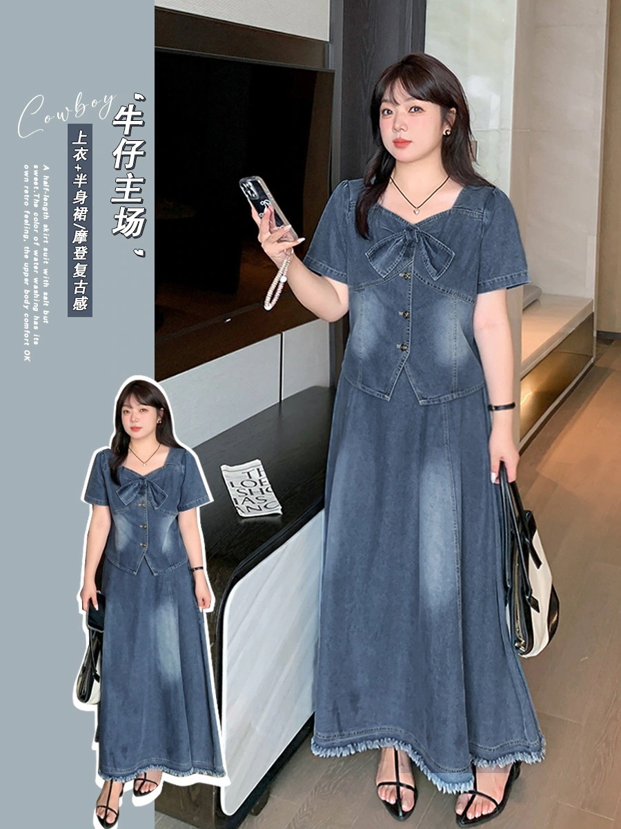 【ぽちゃまに】 夏 デニムセット デニムシャツ+デニムスカート 大きいサイズ 上下セット 蝶結び 体型カバー レディース レトロ セットアップ メガ割30%までに制限