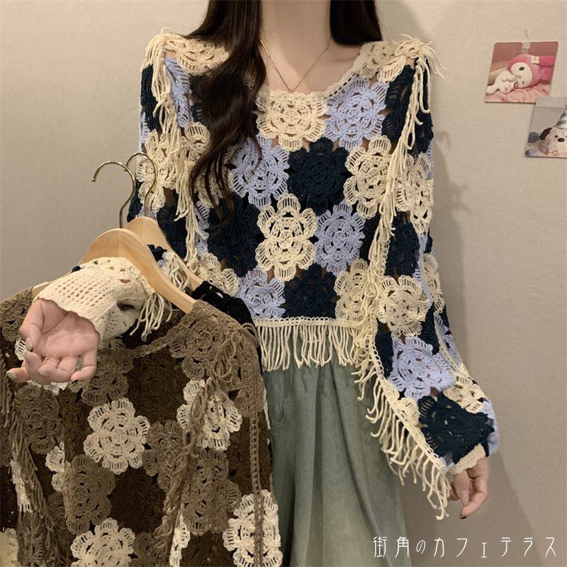 レディース トップス ニット ショート丈 モチーフ フリンジ キュート こなれ感 大人可愛い フラワー レトロ 体型カバー 長袖 カーキ ブラック ブルー 20代 30代 40代 通勤 通学 オフィス