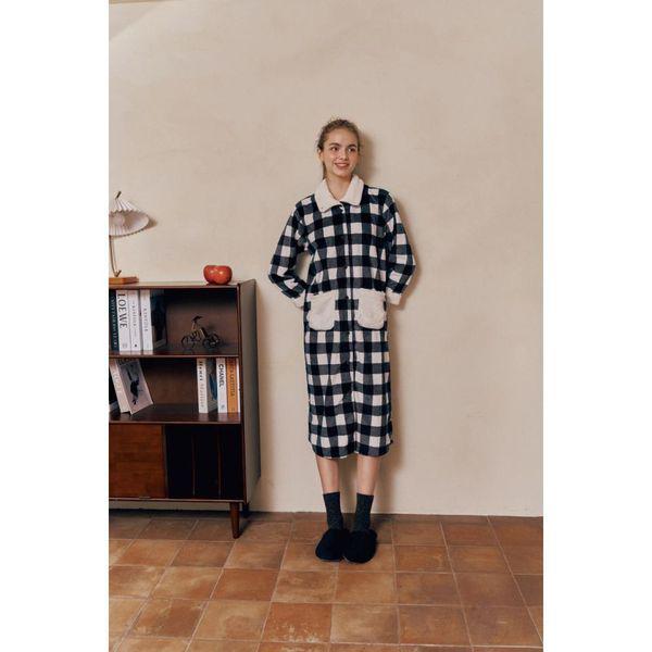 正常 極細糸 チェック捺染 女性ガウン 女子ワンピース パジャマ SEV2593L BK C_P408839858