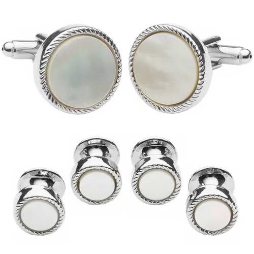 カフスボタン スタッドボタン セット シルバー リブ マザーオブパール カフス スタッズセット
