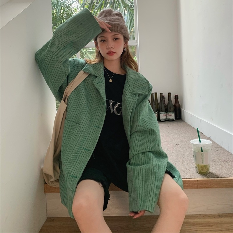 アウトポケット付き オーバーサイズ ピンストライプ柄 カバーオール チュニック丈 フロントボタン