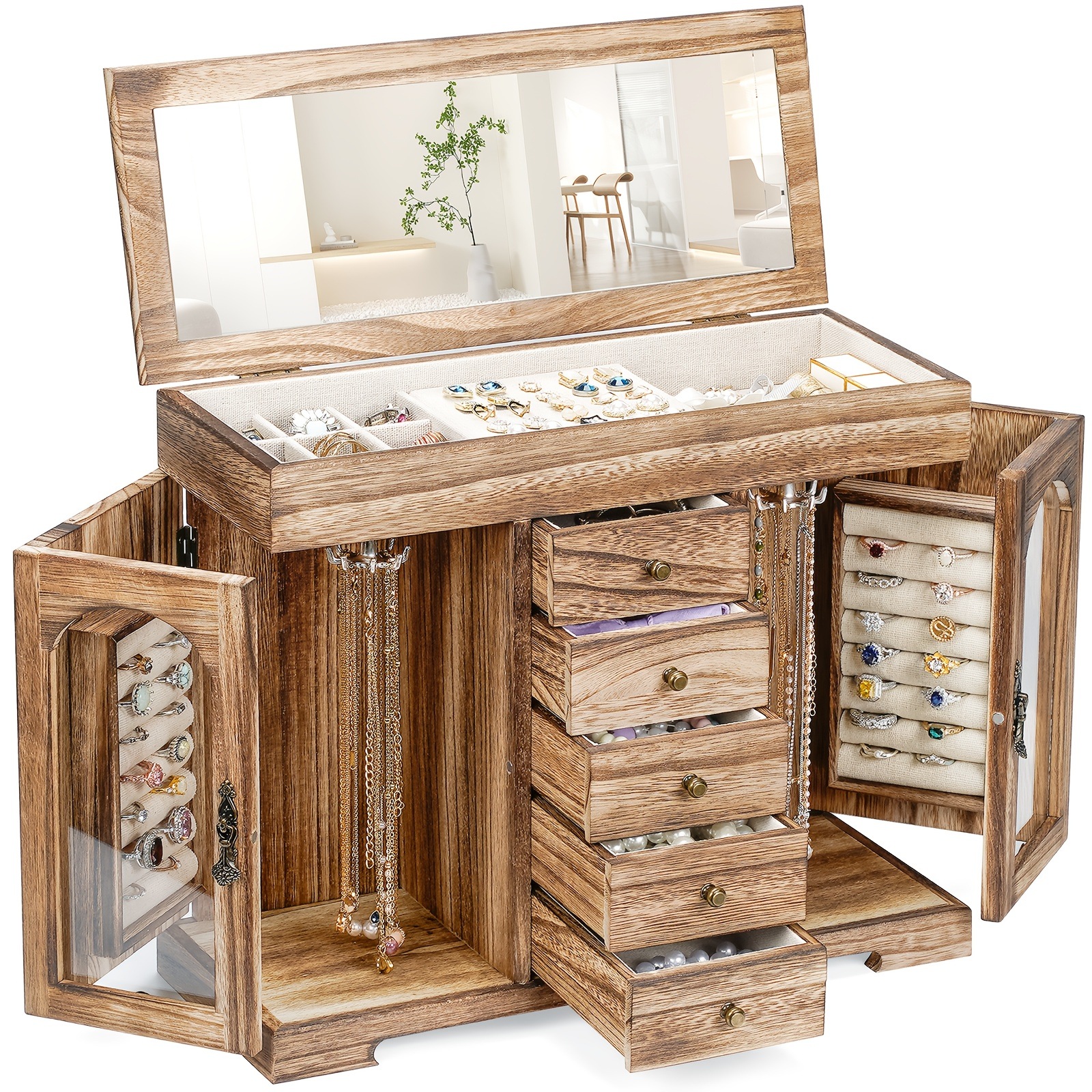 ジュエリーボックス 木製 アクセサリーボックス 大容量 ミラー付き 鏡 収納 箱 B0X ネックレス 指輪 ピアス イヤリング シンプル おしゃれ 可愛い インテリア 無垢材 ナチュラル