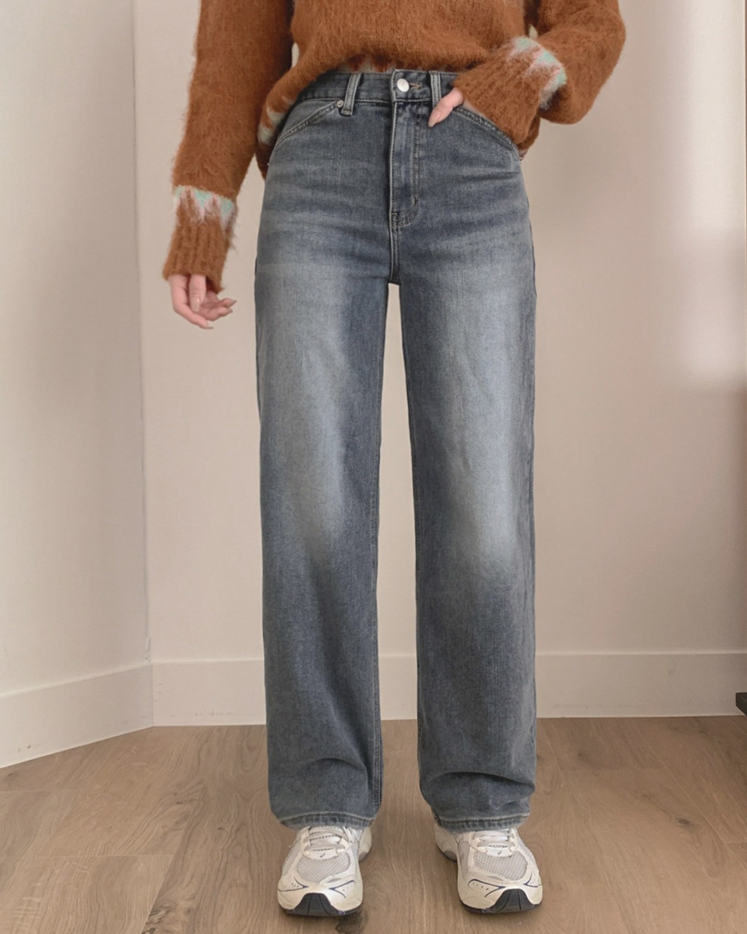 裏起毛ワイドデニムパンツ韓国ファッション レディース