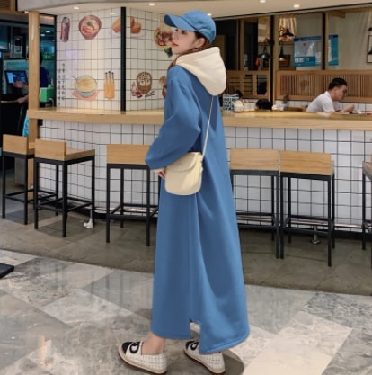 ロングプルオーバー トップス フーディー カジュアル アプリコット ブルー 青 ロング丈 袖あり 5,790円