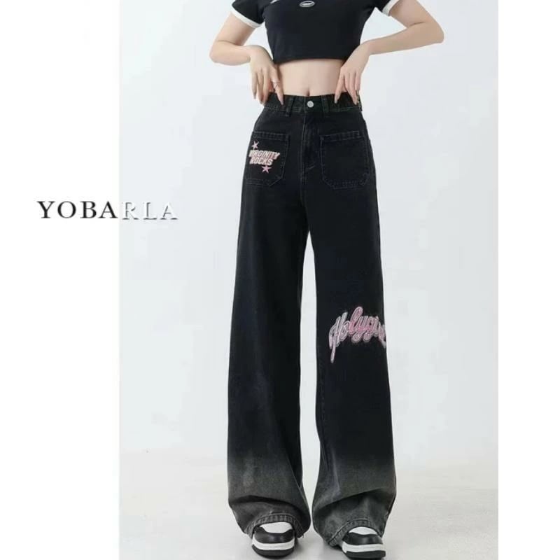 デニム パンツ ボトムス レディース 大きいサイズ レトロ グラデーション 刺繍 ジーンズ 春秋 ワイド ストレート 黒 5,318円