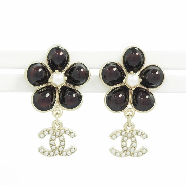 【美品】シャネル ココマーク フラワーモチーフ クリップタイプ ラインストーン フェイクパール【イヤリング】