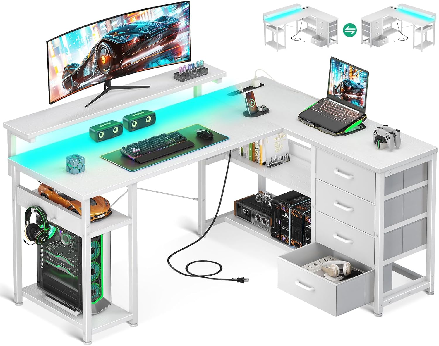AODK ゲーミングデスク 引き出し4杯付き パソコンデスク コンセント付き l字デスク デスク 机 幅135*110 pcデスク 棚付き desk 収納 オフィスデスク 仕事用 在宅勤務 組立簡単