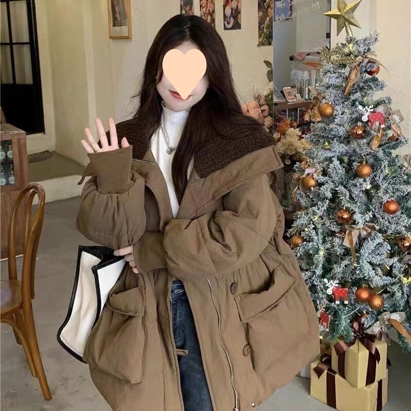 秋冬太った女性向け韓国カラーダウンジャケット女性用大きなラペル厚みのあるミドル丈ホワイトダックダウンジャケット