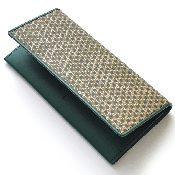 【新規OPEN】【期間限定セール】【激安】【新品未使用】 鹿革漆付け　牛革　麻の葉模様柄　印伝　日本製　シンプルロングウォレット　IDA-101　緑白茶