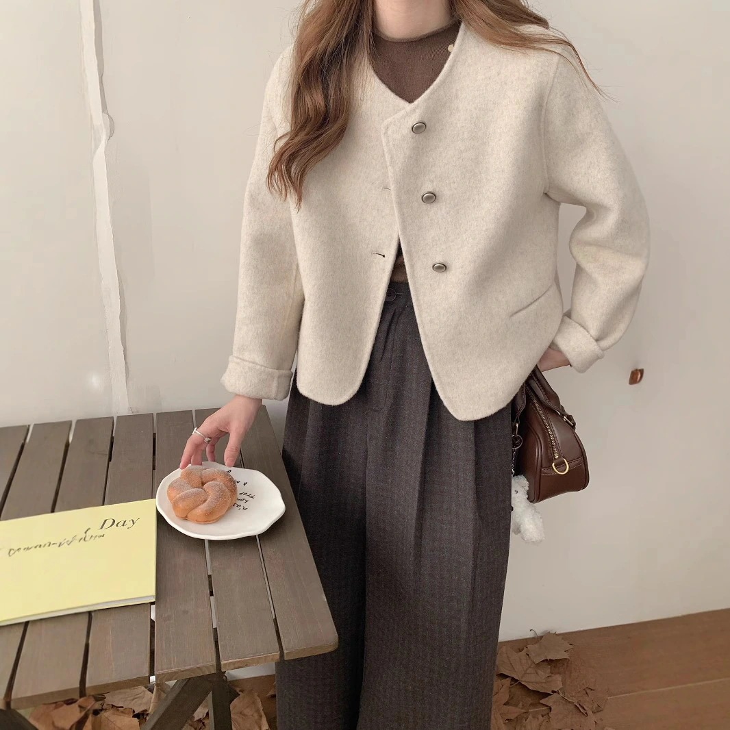 新作シンプル通勤韓国風ラウンドネック小香風両面ウールショートジャケット女性用