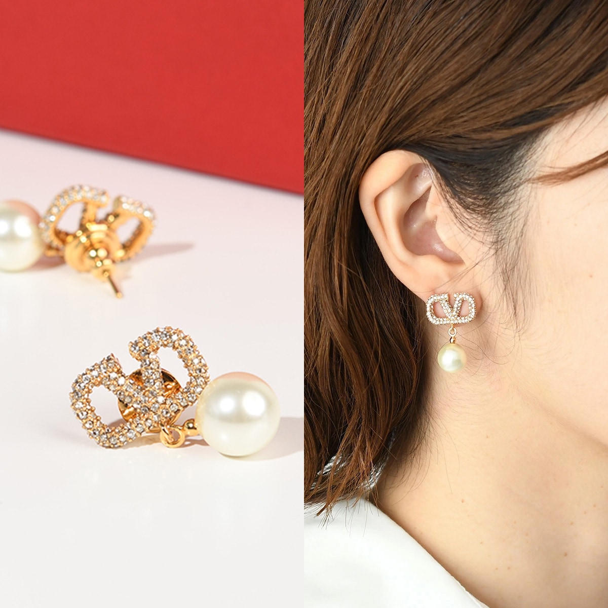 バレンチノ ピアス アクセサリー J0E36 QVS Vロゴ シグネチャー スワロフスキー クリスタル パール レディース ゴールド
