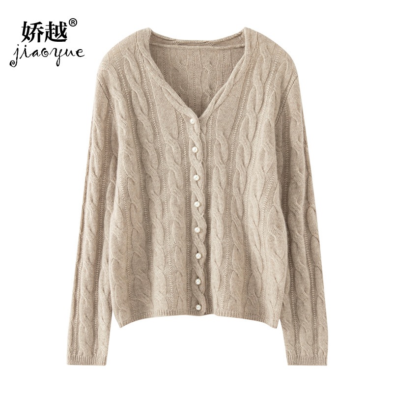 100 カシミヤニットパールボタンカーディガン女性の V ネックルーズセーターコートカシミヤセーターセーター