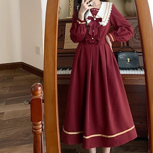 春と秋のプラスサイズの甘いカレッジスタイルの赤いドレスロングスカート太った女の子は細くて多用途に見える年齢を軽減する女性のための気質ドレス