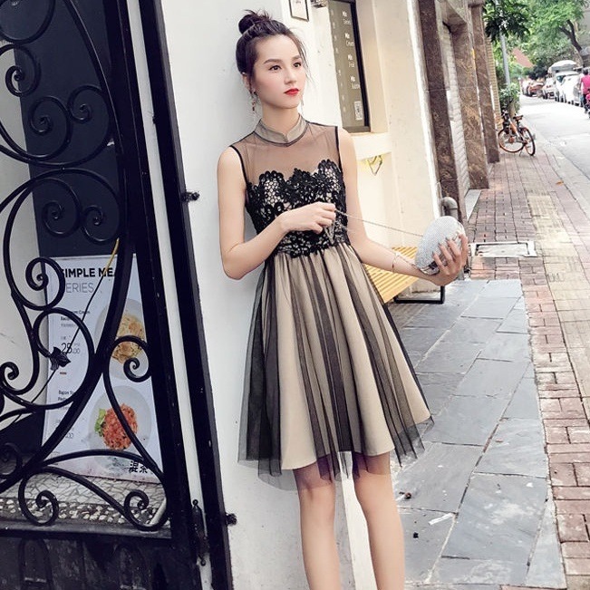 ワンピース レディース ミニ ミニ丈 袖なし ノースリーブ クルーネック セミフレア 細身 Aライン