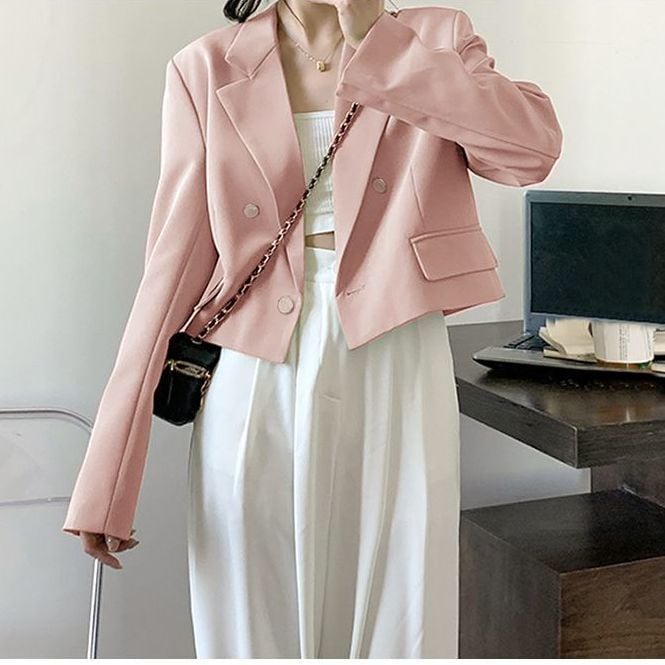 ジャケット2024作ピンクショート丈ブレザーレディース春秋高級感ブレザー