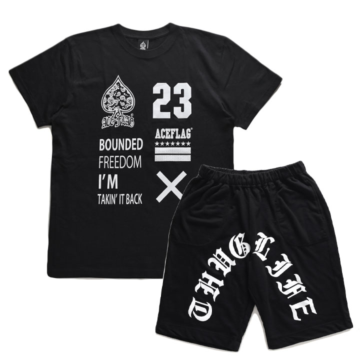 ACE FLAG 上下セット 半袖 ブランド Tシャツ ハーフパンツ メンズ 春夏用 黒 大きいサイズ エースフラッグ セットアップ ゆったり スウェット ペイズリー柄