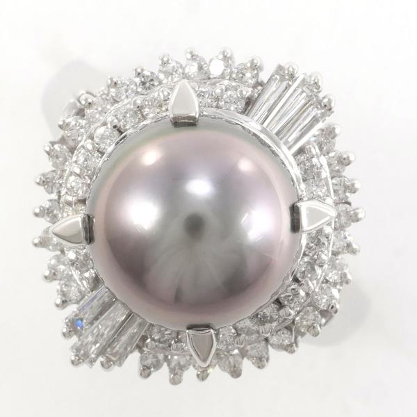 PT900 プラチナ リング 9号 黒蝶真珠 約9mm ダイヤ 0.48 カード鑑別書 中古 46,080円