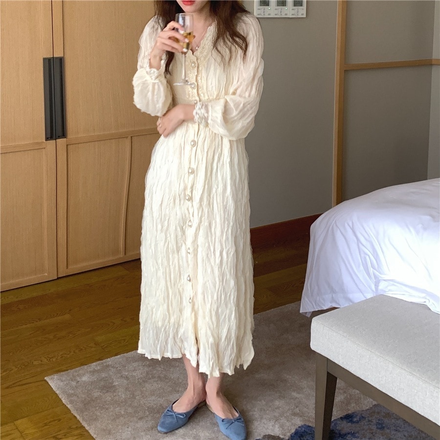 ワンピース 長袖 春夏 きれいめ ロング フレア ロング ロング丈 マキシ マキシ丈 9分丈 アンクル丈 ぽわん袖 ボリューム袖 パフスリーブ Vネック 深 Vネック フレア セミフレア スリム プリ