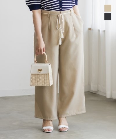 大きいサイズ レディース LL 3L 4L XL XXL XXXL ウエストリボンリネンライクワイドパンツ