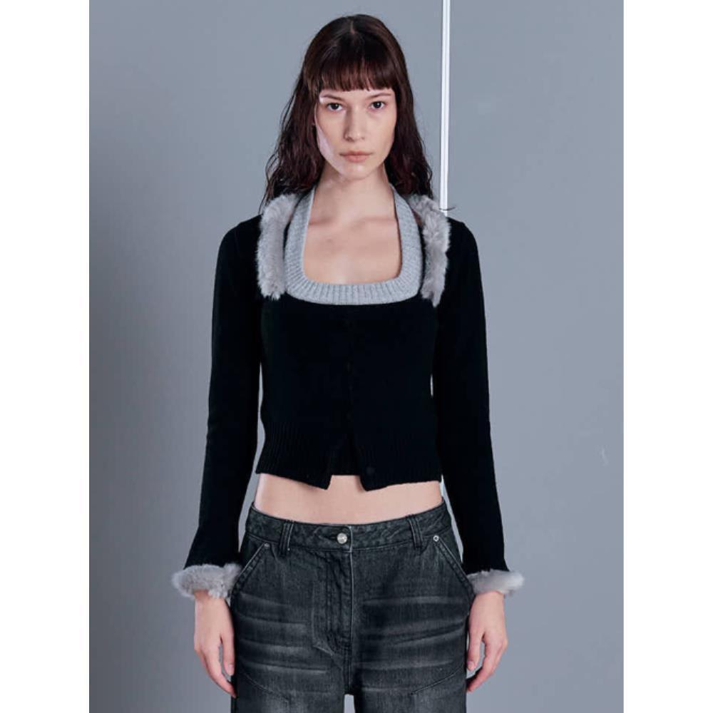 2000Archives FUR TRIMMED KNIT CD HALTER TOP 2 PIECES BL