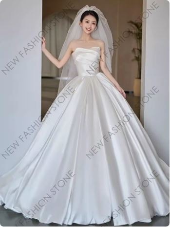 サテンのウェディングドレス新型2024フレンチレトロな胸拭きお出かけ紗小柄夏-99