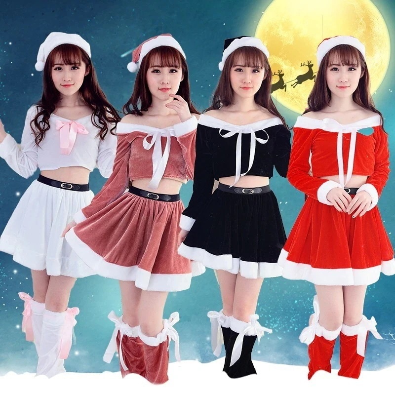 2色ハロウィンクリスマスパーティー映画テレビセクシー気質女性レッドサンタクロース女中コスプレショー服ファッションファスナー個性かわいい仮装舞踏会お衣装を演じる4点セット 涼しく楽ちんセットアップ メガ