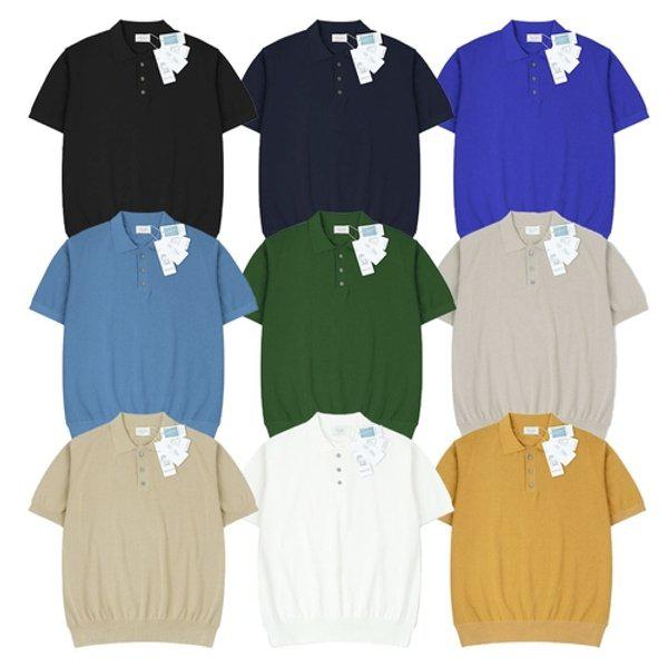 メンズボタンカラーネックソリッド半袖ニットTシャツ AT-KNH-Q001-ネイビー