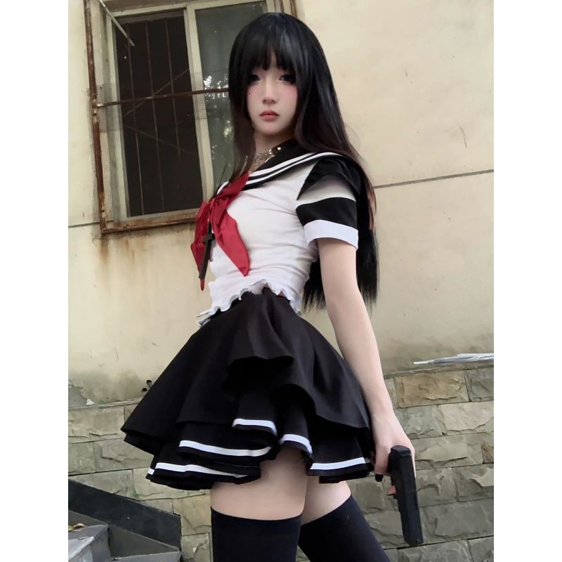 コスプレ レディースセクシーカ30%までに制限レッジネイビーリボンタイトトップスハイウエストプリーツスカートスーツ夏 ドレス 韓国ファッション ハロウイン