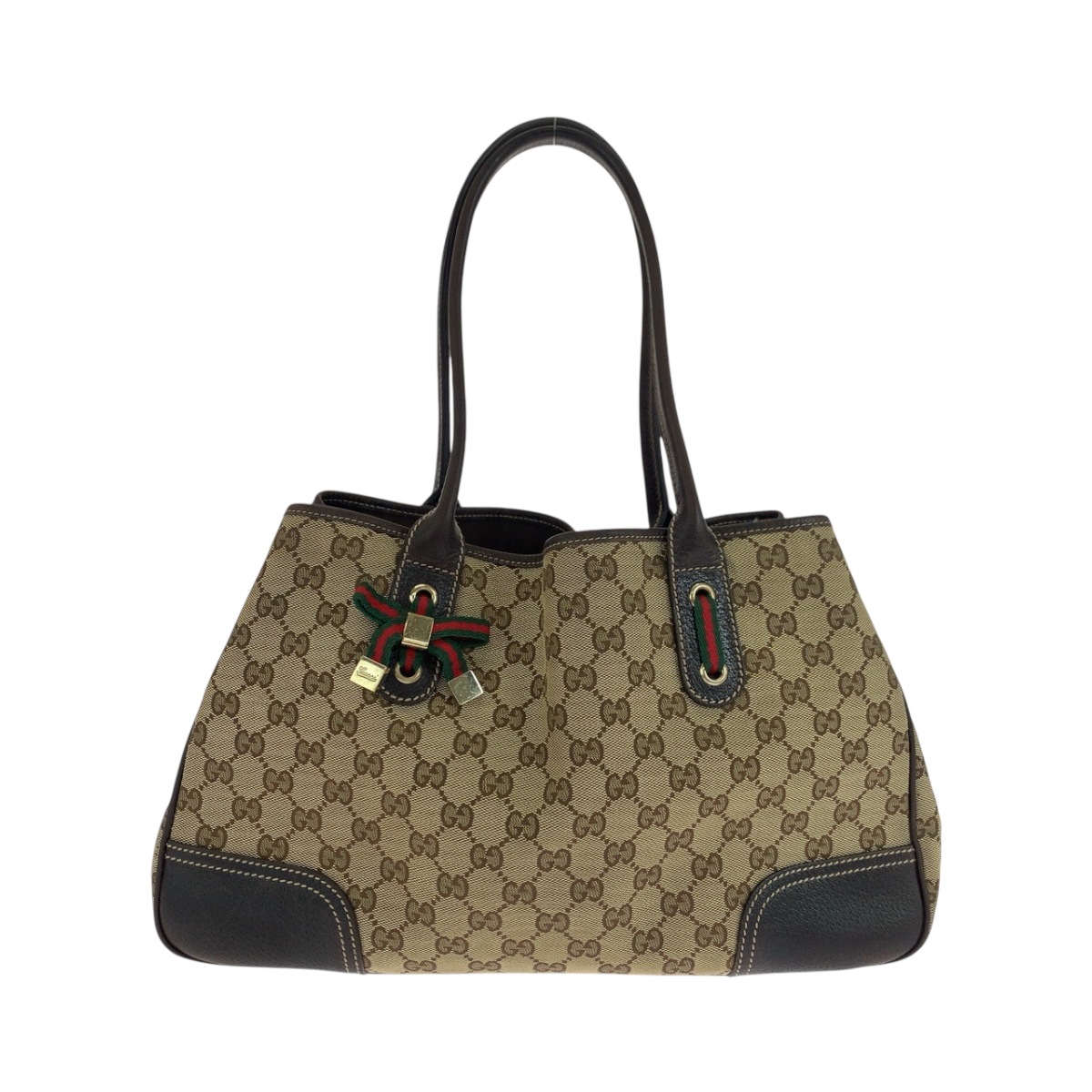 美品 シェリーライン プリンシー リボン ベージュ ブラウン ゴールド金具 GGキャンバス 163805 トートバッグ ショルダーバッグ レディース 504068