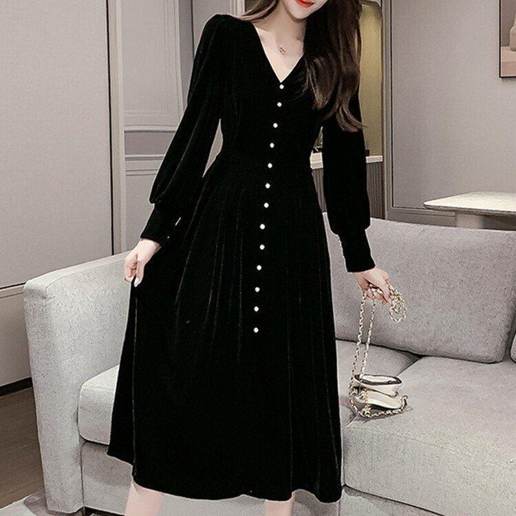 春 秋 冬 ワンピース 膝丈 お洒落 フォーマル 可愛い 安い ベルベット フレア ハイウエスト 長袖 ロング丈 Vネック