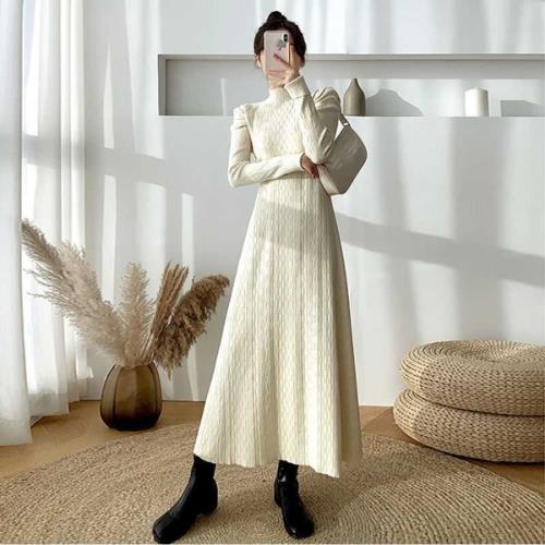 【急速出荷 2025年新作】ワンピース ニットワンピース ロングワンピース 韓国 無地 ハイネック 秋 冬 長袖 ロング丈 おしゃれ 可愛い フレアワンピース Aラインワンピース セーター フレアスカ