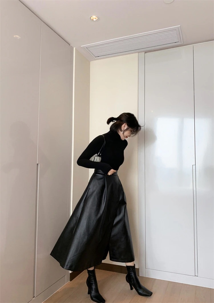 激安セール ハーフスカート ロングスカート 中丈 スプリット ハイウエスト スリム 股隠し 皮スカート 大振り A字スカート