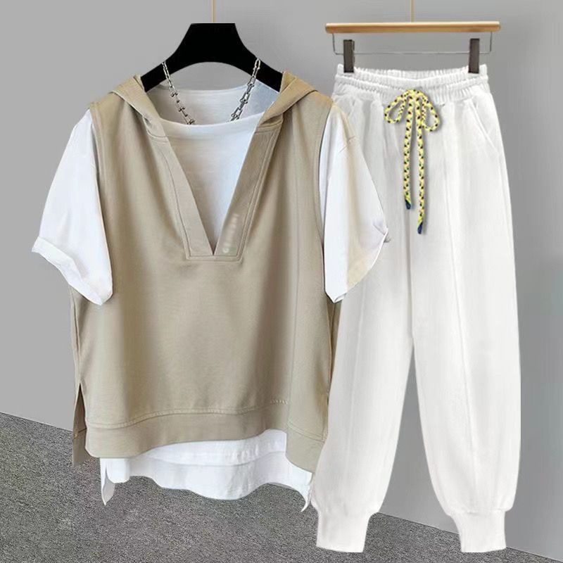 フェイクレイヤード パーカー メンズ ゆったり トレンド 2点セット 半袖Tシャツ+スウェットパンツ セットアップ 半袖スーツ
