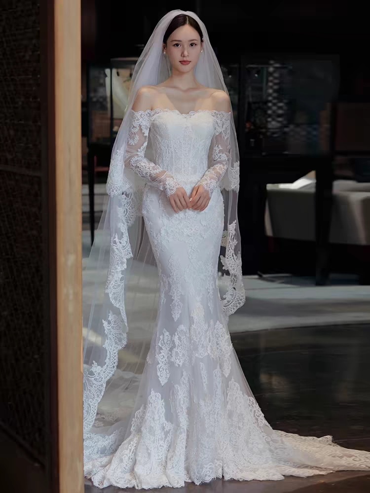 ウェディングドレス エンパイアライン スレンダー 長袖ロングドレス 白 結婚式 二次会 披露宴 前撮り 後撮り ビーチフォト花嫁 海外挙式 大きいサイズ 20代 30代