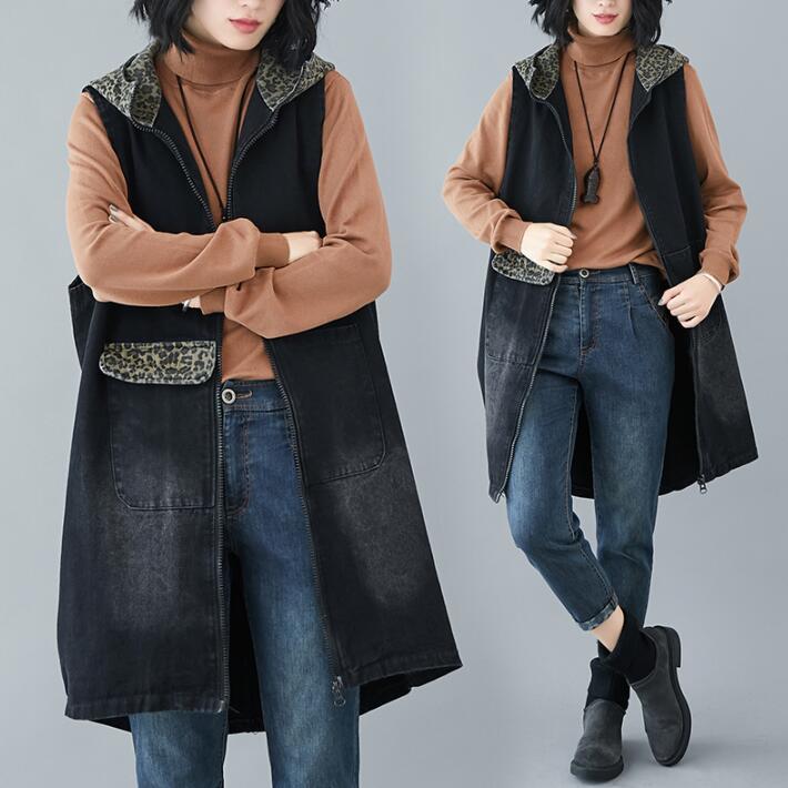 デニムベスト　デニムジャケット　ジージャン コート　アウター　レディース 　大きいサイズ　ヒョウ　レオパード 　フード付き　ノースリーブ　ロング　 長袖　ゆったり　カジュアル　春秋　L　2L今日は30