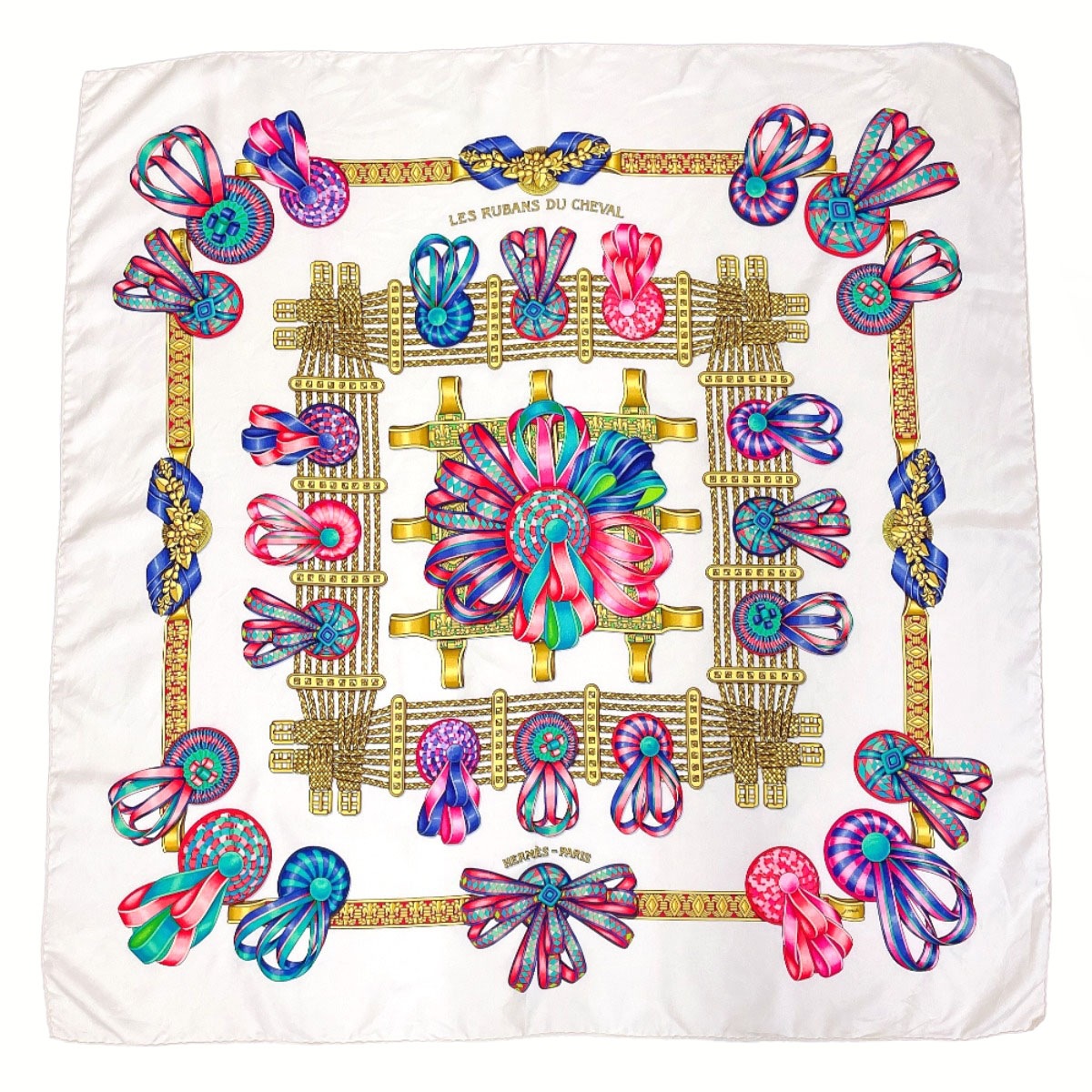 LES RUBANS DU CHEVAL 馬のリボン カレ 90 スカーフ ホワイト シルク レディース
