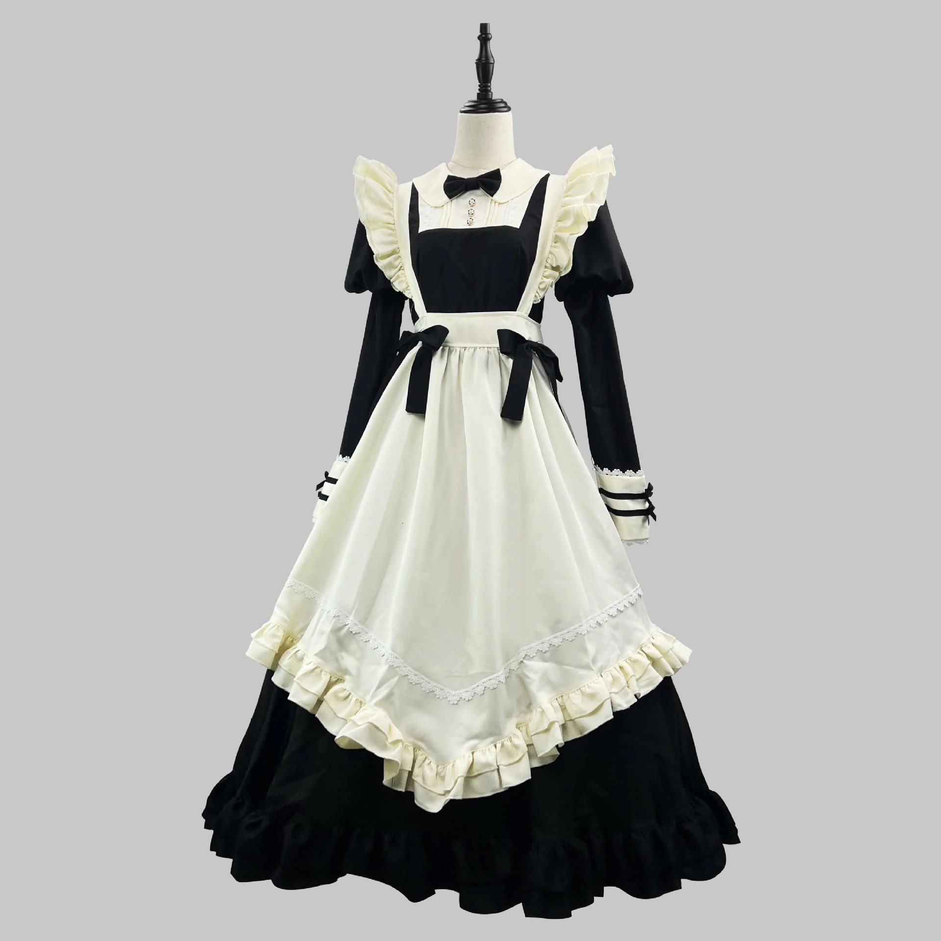 コスプレコスチューム 新作 ロリータ ロング 大きいサイズ メイド服 黒 和レース メイド服