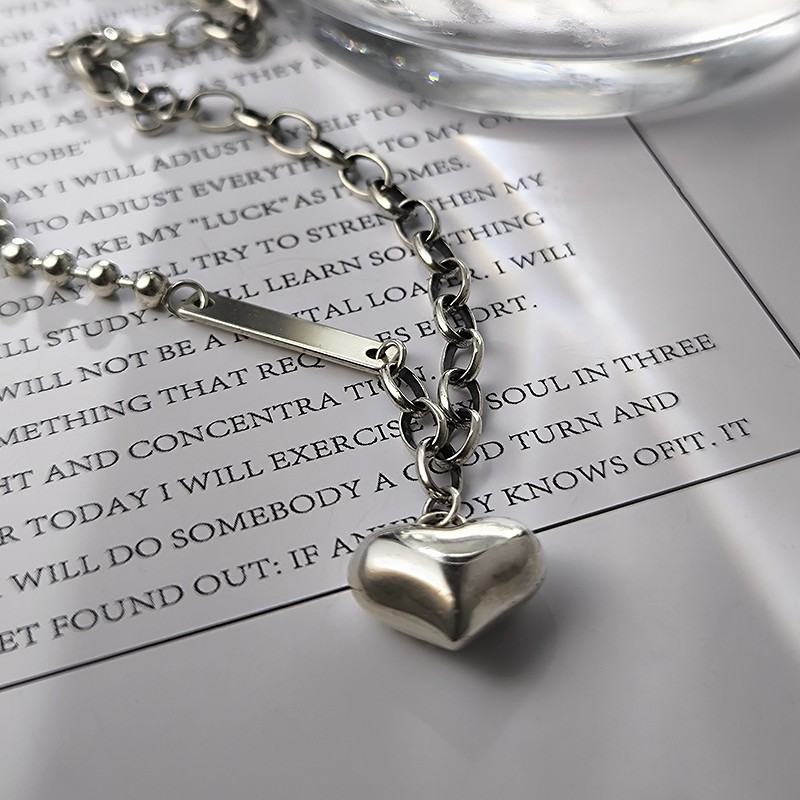 【Silver 925】ボリュームハート×ボールチェーン×アズキチェーンネックレス