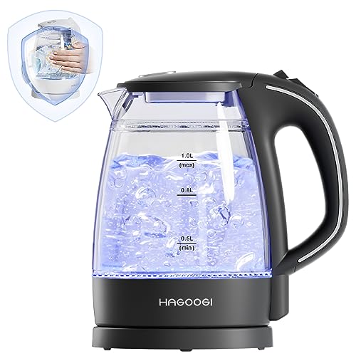 【無臭＆二重構造・火傷防止】ハゴオギ 電気ケトル ガラス 1L ケトル 電気 二重構造 火傷防止【2024年最新昇級版】 「本体青く光る」湯沸か