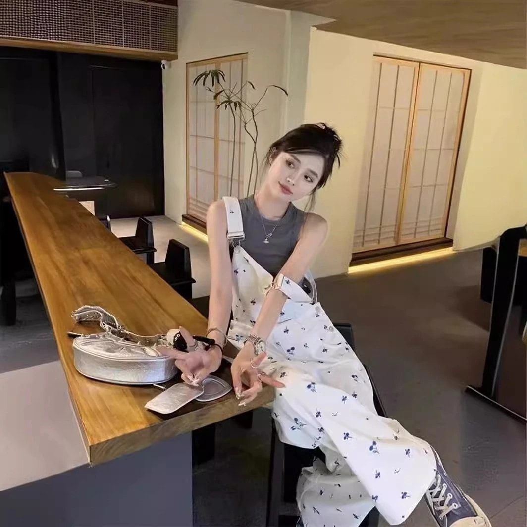 コーデ完成！サロペット 花柄バックレスパンツ 女性 夏 白 ゆったり ワイド カジュアルパンツ 薄手 ハイウエスト ストレートパンツ トラウザー