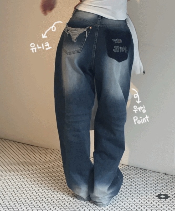 [刺繍point/ユニーク] ヴィンテージ ヒップ 刺繍 ウォッシング ポイント ワイド デニムパンツ