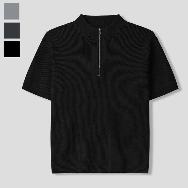 メンズハーフジップ半袖ニットTシャツ GN-KNH-Q018-ブラック