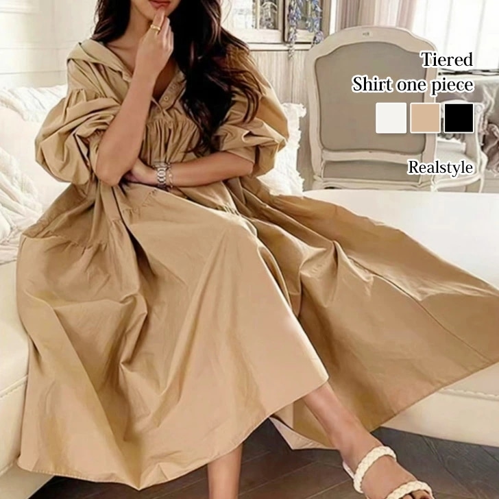 マキシ丈フード付きティアードシャツワンピース レディース ロングワンピース 春 夏 きれいめ 上品 ガーリー フェミニン フーディー ハーフボタン 切替 ゆったり 大きめ 長袖 薄手 リゾート 旅行