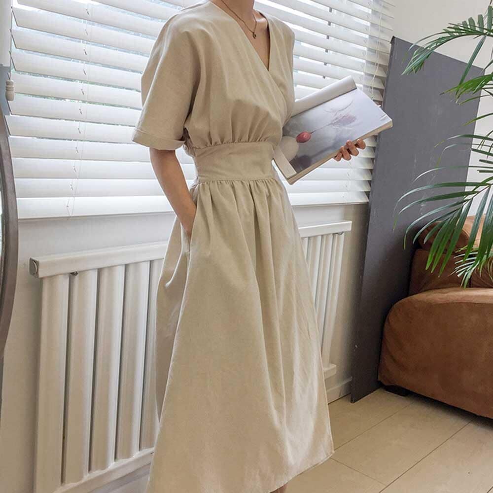 リネンワンピース カシュクール ミモレ丈 ワンピース Aライン カシュクール ウエストリボン 韓国 レディース オルチャン ウエストマーク Vネック かわいい 可愛い リネン