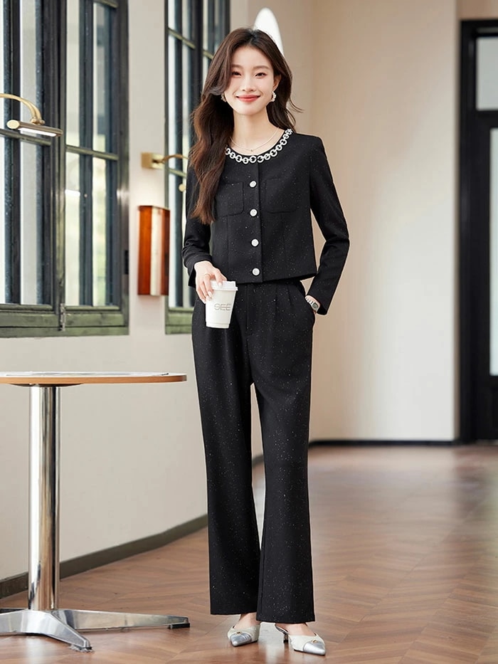 セットアップ レディース きれいめ 春 秋 クルーネック 卒業式 スーツ ママ コーデ パンツスーツ セレモニースーツ ショート丈 ジャケット&パンツ 2点セット 無地 大きいサイズ オフィス 着回し