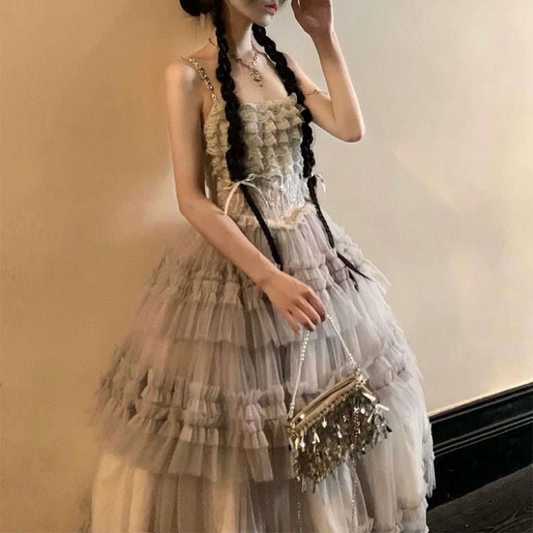 ロリータドレスレイヤーケーキ灰色のjskフラワーウェディングドレス