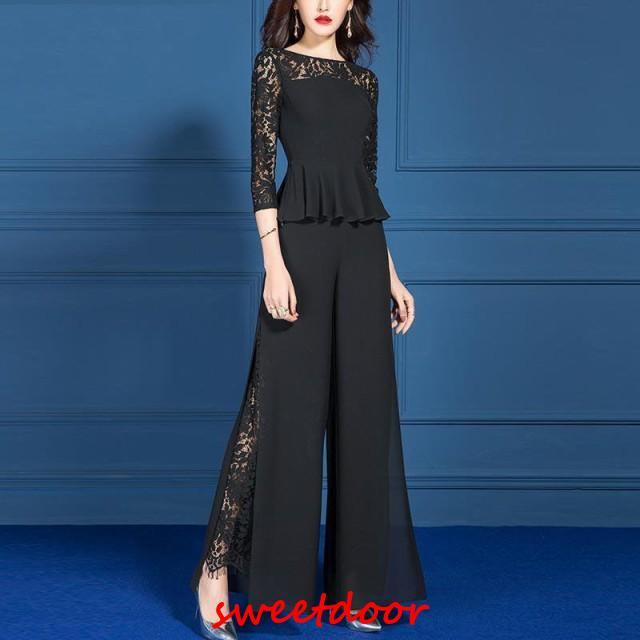 パンツドレス かっこいい セットアップ 結婚式 お呼ばれドレス パーティードレス 袖あり レディース ペプラムトップス 黒 大きいサイズ 3L 4L