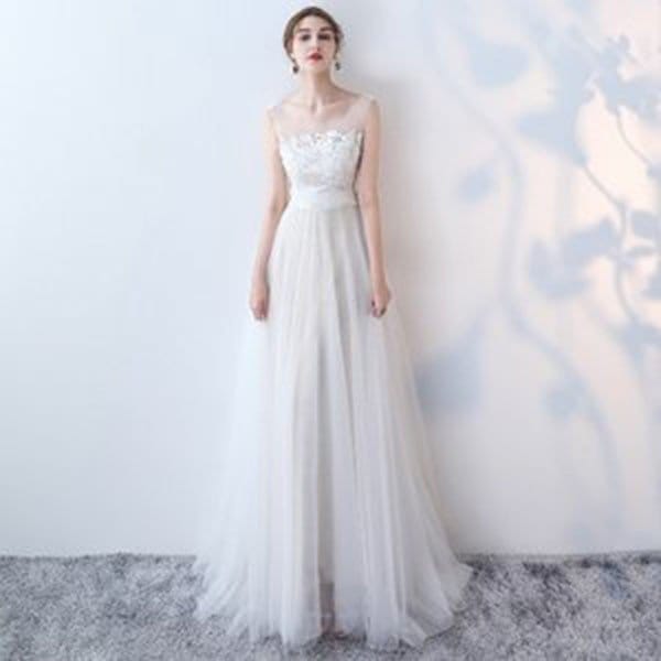 ウエディングドレス 二次会 花嫁 Aライン 白 ホワイト ロングドレス 結婚式 パーティードレス 演奏会 フォーマルドレス サッシュリボン
