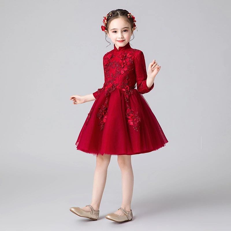 【2枚購入で 3oo円OFF】レッドショードレスフラワーガールズふっくらとした飾り子供たち長袖のプリンセスドレスガールズホストパフォーマンス服冬